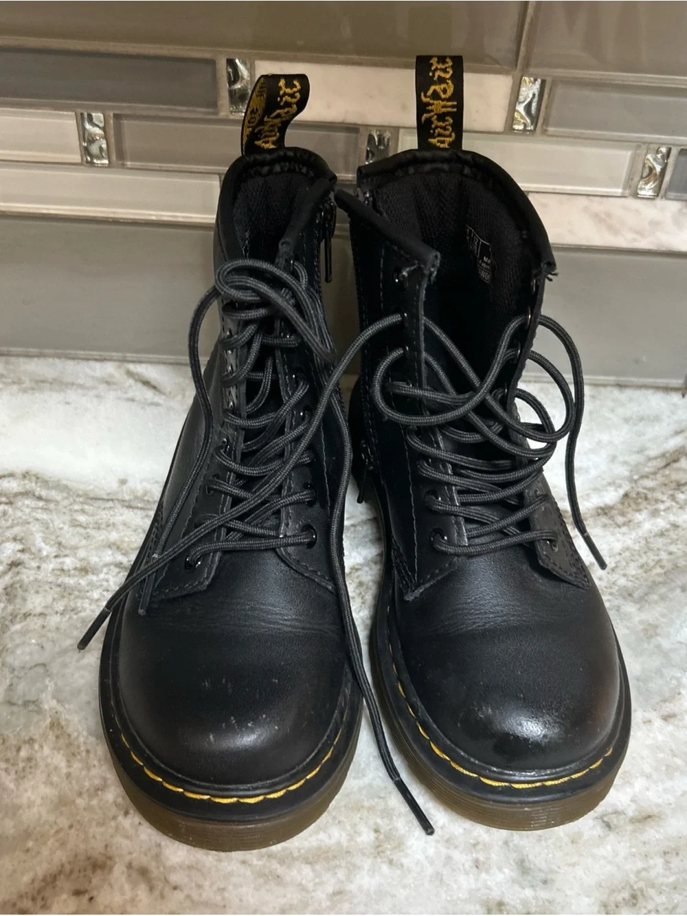 Dr. Martens Zavala  Kids Side Zip Combat Black Ankle Lace Up Leather Boots Sz 12